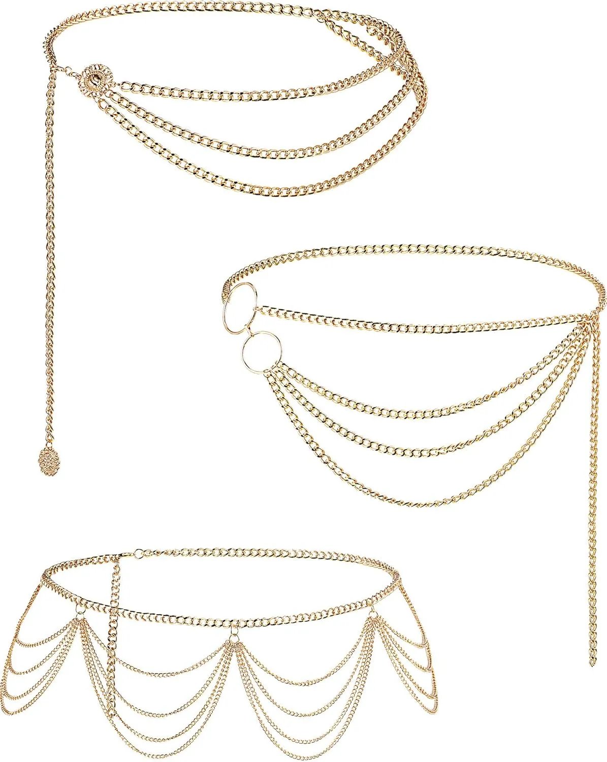 Hicarer 3 Pcs Silver Gold Waist Chain for Body Multi Layer Metal Chain Belts for Women Girls Summer Beach Jewelry Adjustable