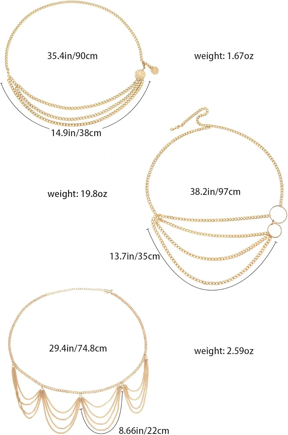 Hicarer 3 Pcs Silver Gold Waist Chain for Body Multi Layer Metal Chain Belts for Women Girls Summer Beach Jewelry Adjustable