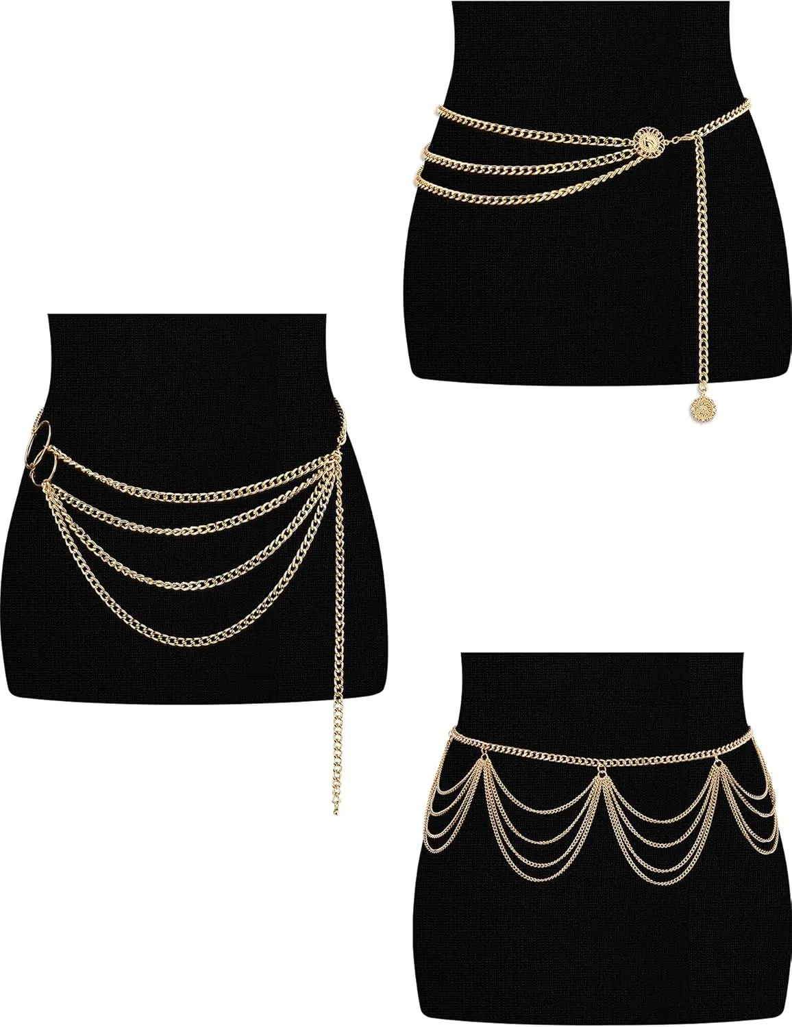 Hicarer 3 Pcs Silver Gold Waist Chain for Body Multi Layer Metal Chain Belts for Women Girls Summer Beach Jewelry Adjustable