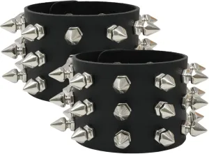 Honbay 2PCS Exaggerated Black Leather Rivet Wristband Spiked Studded Bracelet Gothic Punk Rock Biker Wristband Wide Strap Leather Bracelet Cuff Wrap Bangle Snap Button Metal Wristband for Men Women