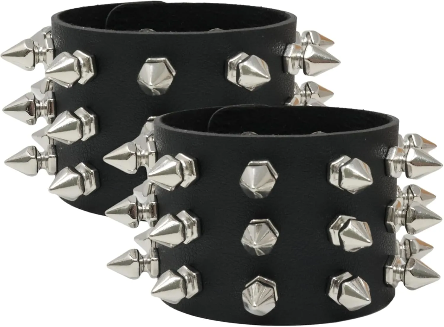 Honbay 2PCS Exaggerated Black Leather Rivet Wristband Spiked Studded Bracelet Gothic Punk Rock Biker Wristband Wide Strap Leather Bracelet Cuff Wrap Bangle Snap Button Metal Wristband for Men Women