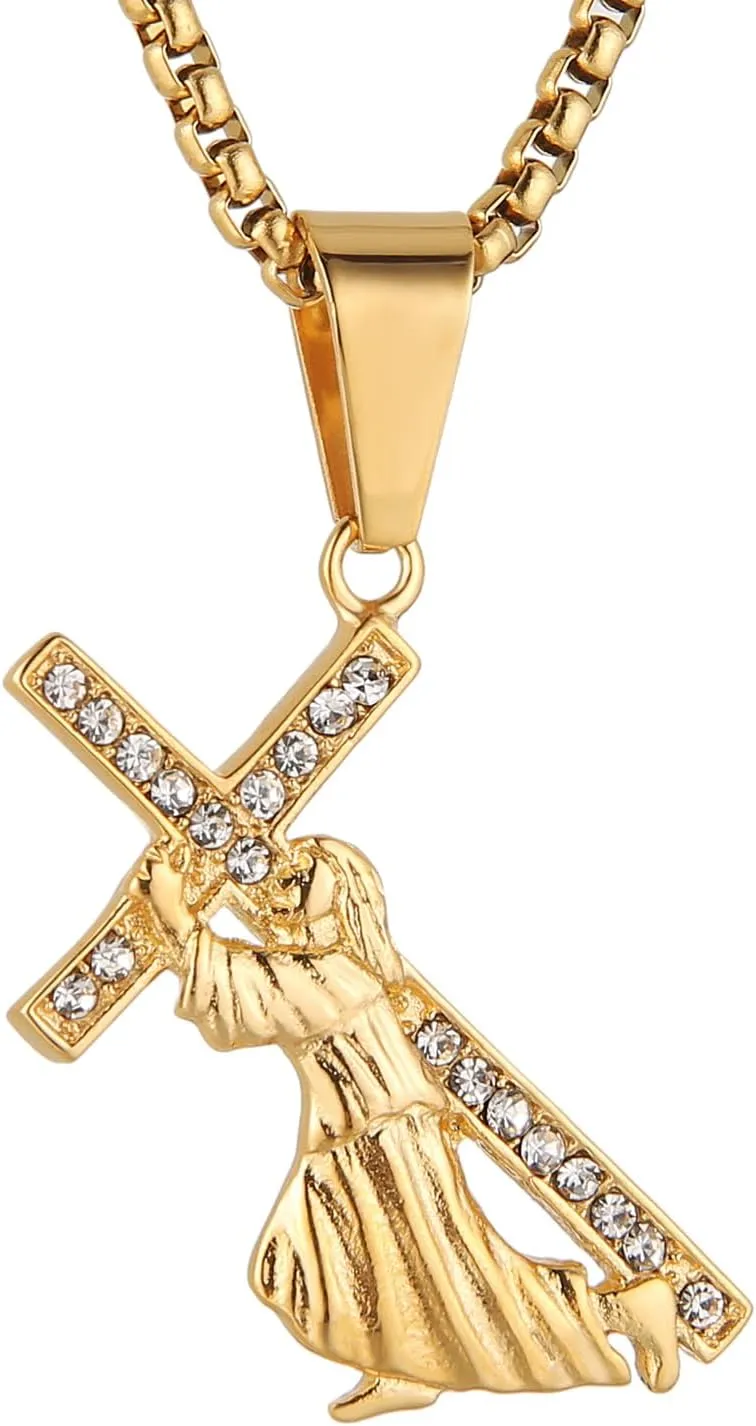 HZMAN Gold Crucifix Necklace for Men Stainless Steel Jesus Cross Pendant