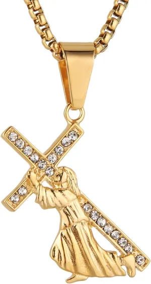 HZMAN Gold Crucifix Necklace for Men Stainless Steel Jesus Cross Pendant