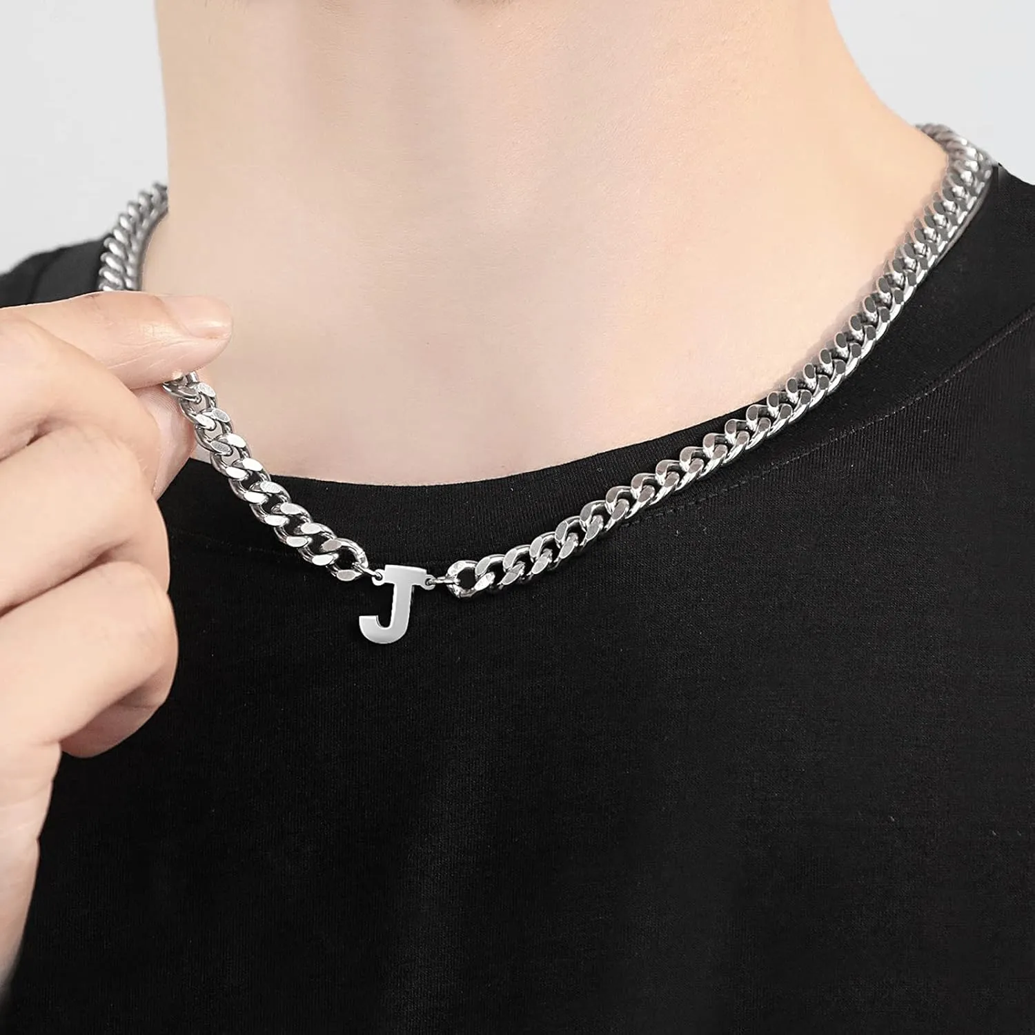 Initial A-Z Cuban Link Chain Necklace for Men Women Stainless Steel Letter Pendant Chain 6.5mm Width 18 2 Inches Jewelry Gift for Men