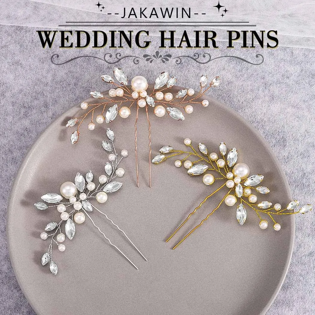 JAKAWIN Pearl Bride Wedding Hair Pins Silver Bridal Hair Clip Accessories Rhinestone Hair Piece for Women HP179 (2 Gold)