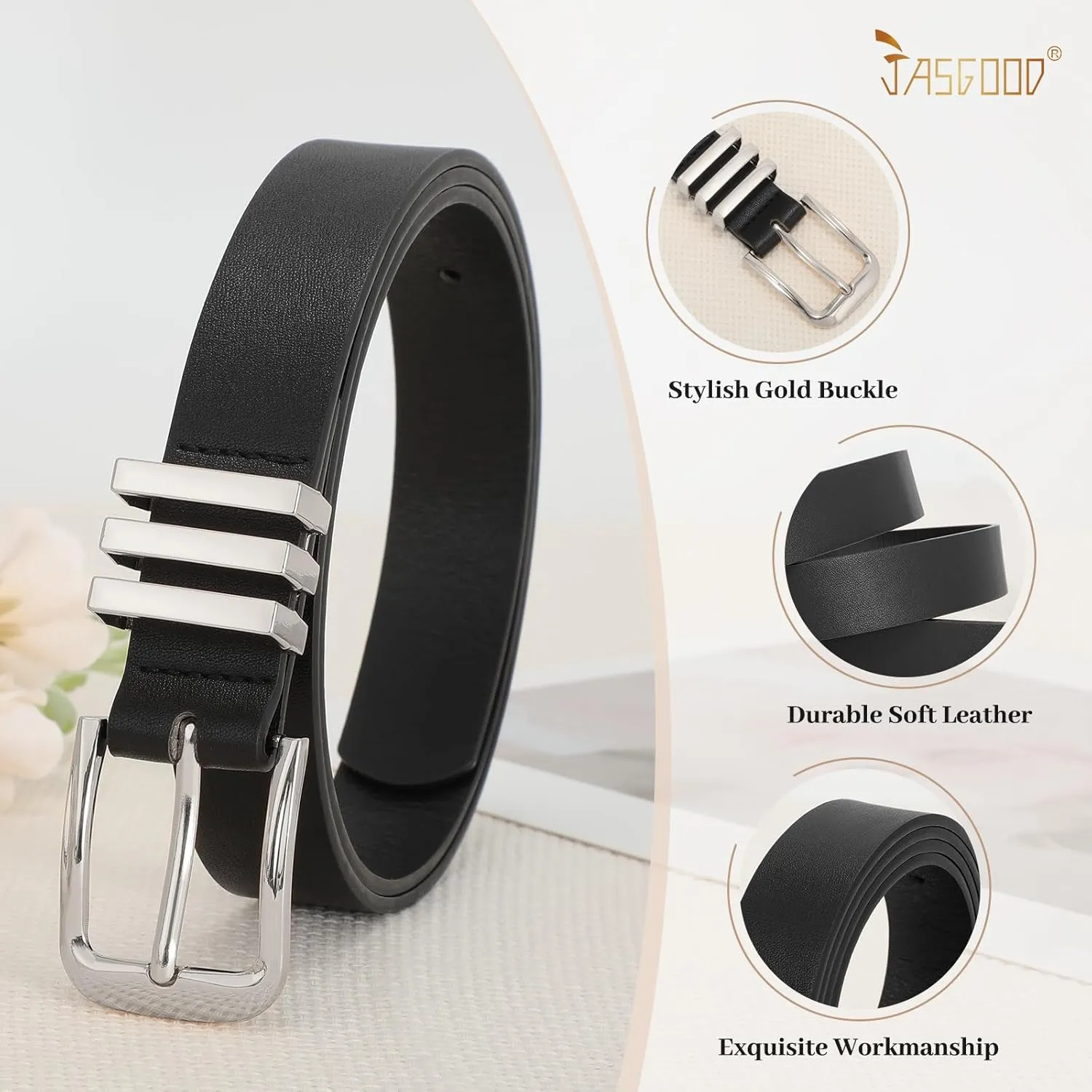 JASGOOD 3 Pack Women's Leather Belts Ladies Fashion Leather Belts for Jeans Pants Dress with Gold Buckle