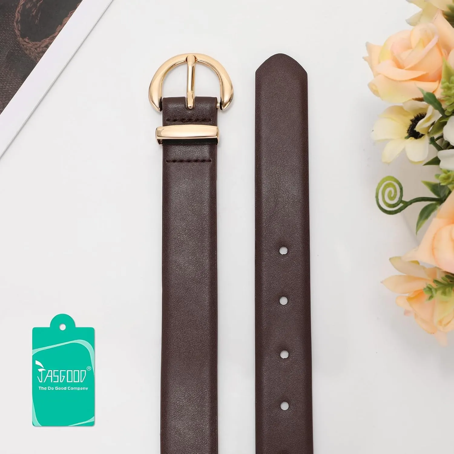 JASGOOD Women Leather Belt Fashion Ladies Waist Belt for Jeans Casual Faux Leather Belt with Gold Buckle