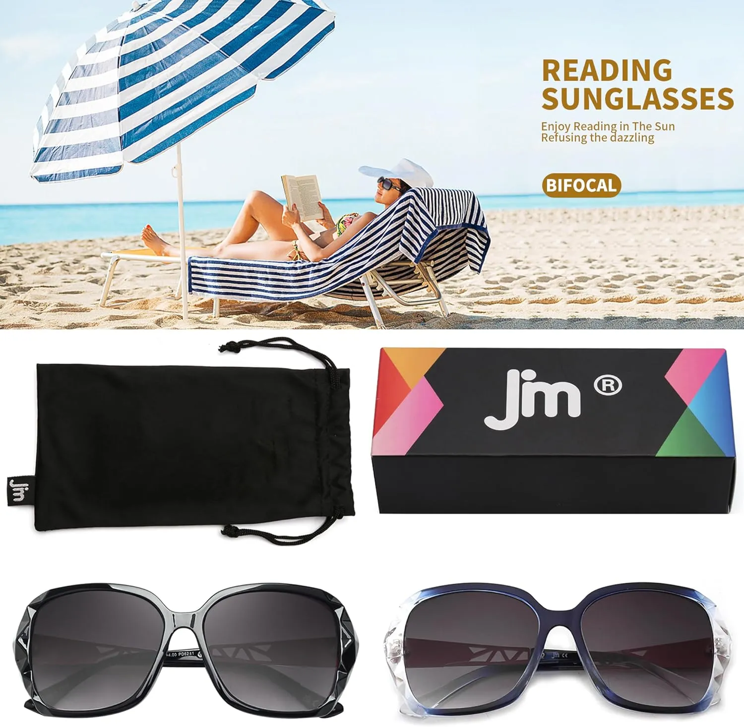 JM 2 Pack Bifocal Sunglasses for Women, Oversized Fashion Square Reader Sunglasses, Black & Blue Reading Sunglasses  2.5