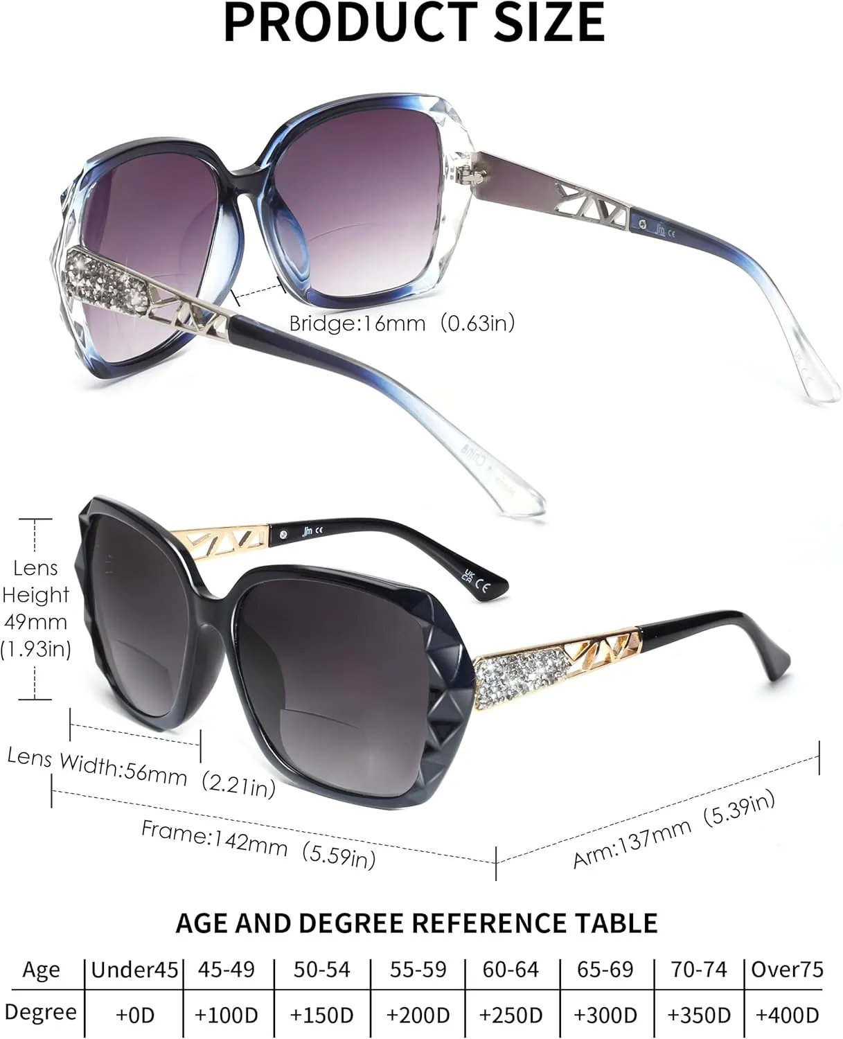 JM 2 Pack Bifocal Sunglasses for Women, Oversized Fashion Square Reader Sunglasses, Black & Blue Reading Sunglasses  2.5