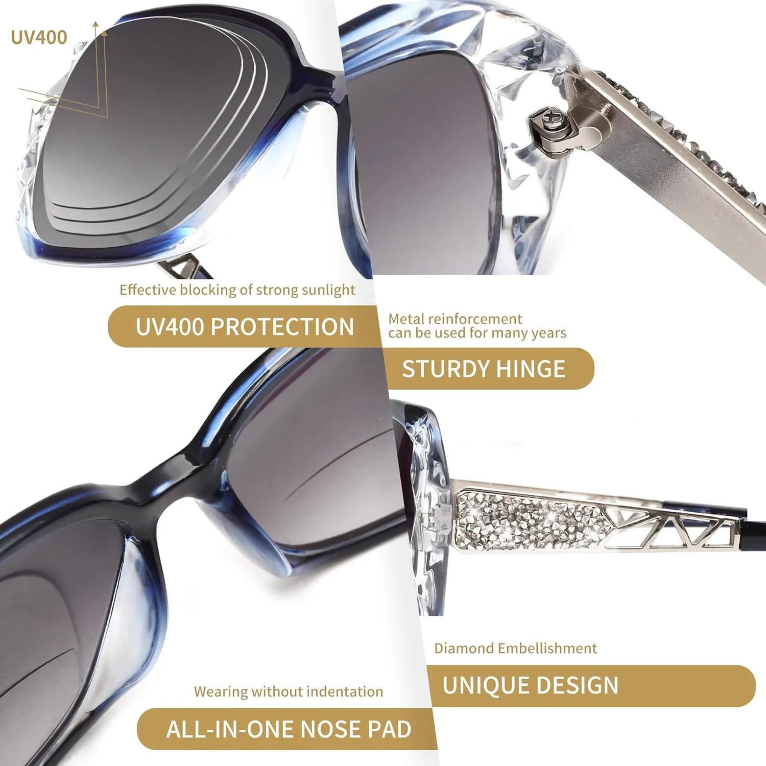 JM 2 Pack Bifocal Sunglasses for Women, Oversized Fashion Square Reader Sunglasses, Black & Blue Reading Sunglasses  2.5