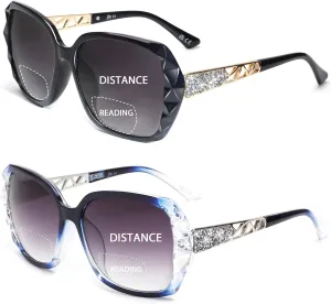 JM 2 Pack Bifocal Sunglasses for Women, Oversized Fashion Square Reader Sunglasses, Black & Blue Reading Sunglasses  2.5