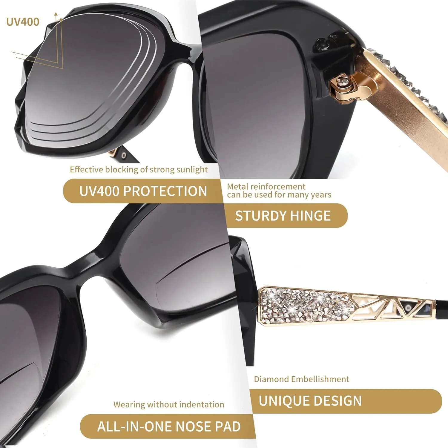 JM 2 Pack Bifocal Sunglasses for Women, Oversized Fashion Square Reader Sunglasses, Black & Blue Reading Sunglasses  2.5