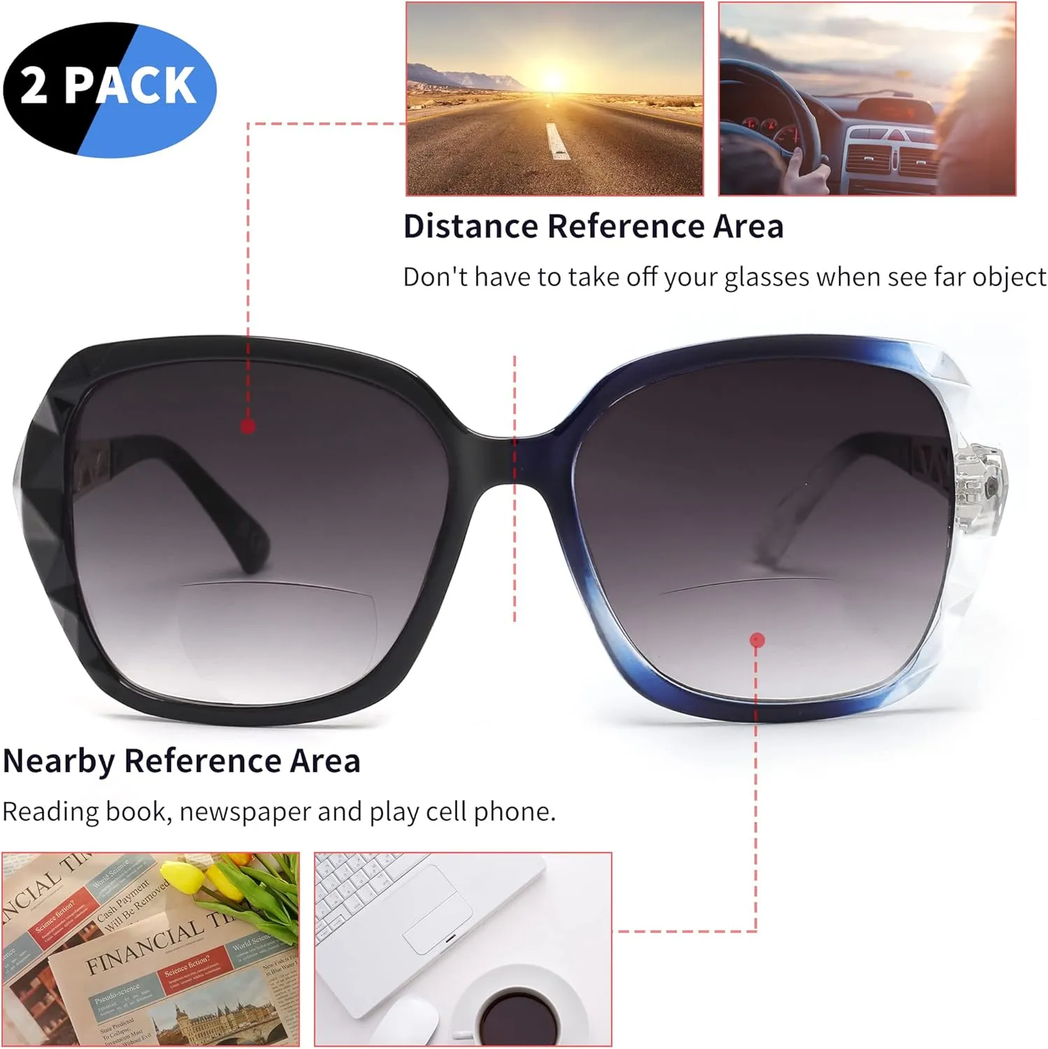 JM 2 Pack Bifocal Sunglasses for Women, Oversized Fashion Square Reader Sunglasses, Black & Blue Reading Sunglasses  2.5