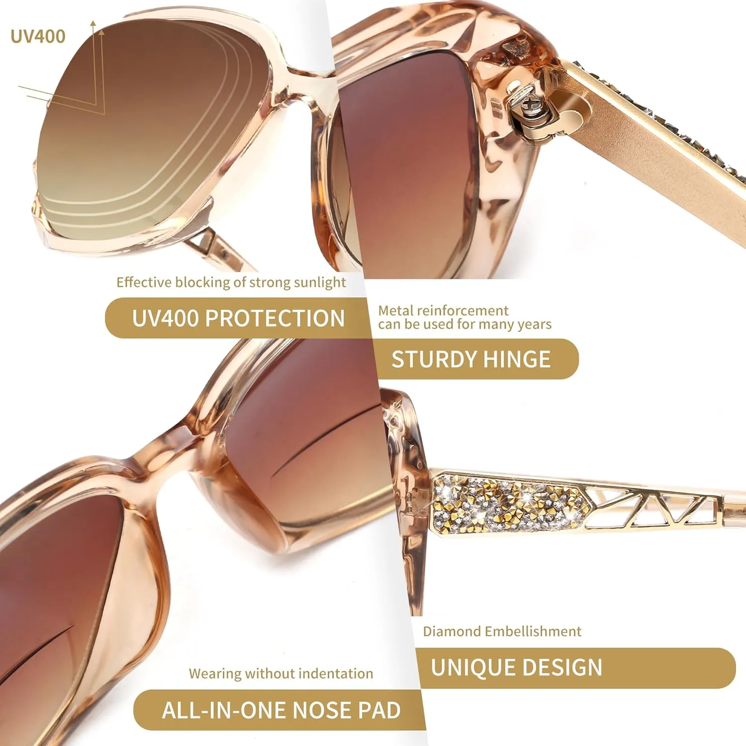JM Bifocal Reading Sunglasses for Women Fashion Oversized Square Sun Readers Outdoor Reading Glasses UV400 Protection Brown  1.0