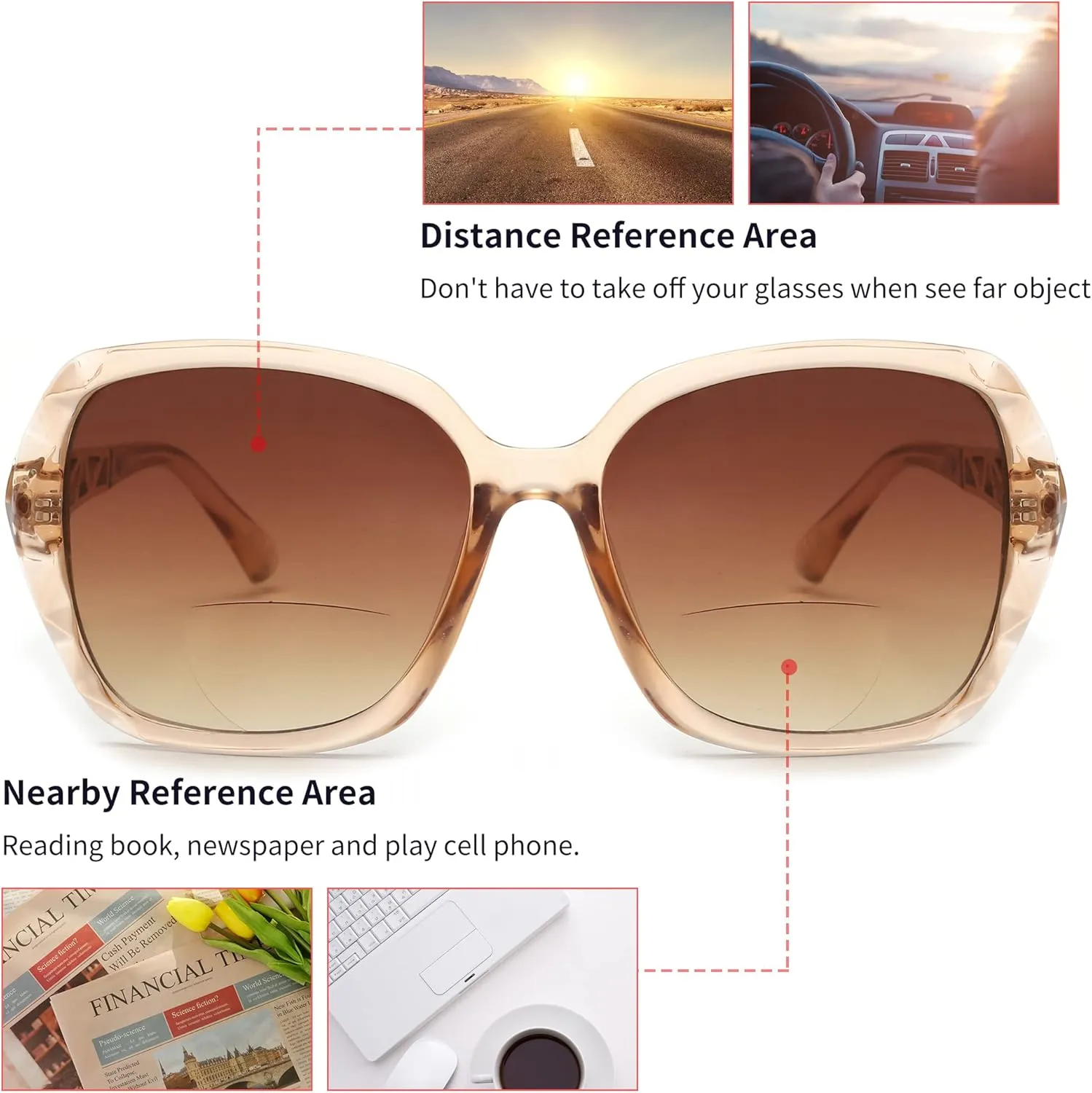 JM Bifocal Reading Sunglasses for Women Fashion Oversized Square Sun Readers Outdoor Reading Glasses UV400 Protection Brown  1.0