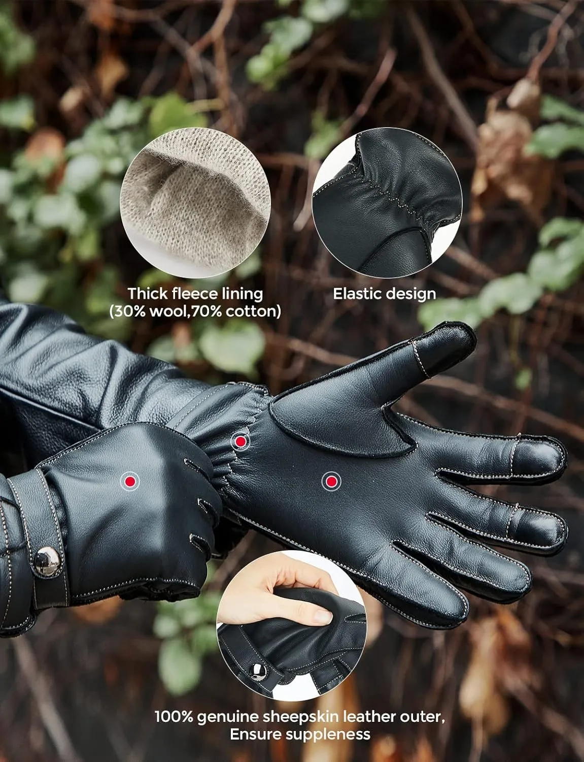 KEMIMOTO Winter Genuine Leather Gloves Cashmere Lined Gloves for Men Women Touchscreen Texting Riding Driving Motorcycle Black Glove Short Wrist