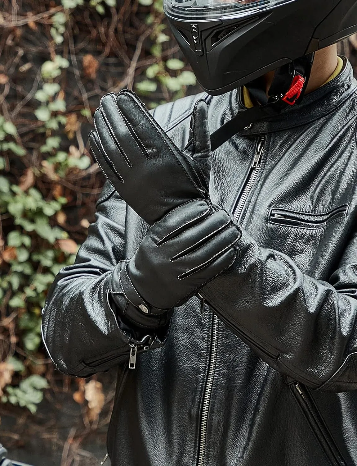 KEMIMOTO Winter Genuine Leather Gloves Cashmere Lined Gloves for Men Women Touchscreen Texting Riding Driving Motorcycle Black Glove Short Wrist