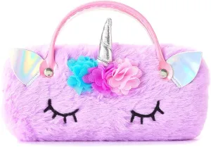 Kids Girls Boys Fluffy Faux Fur Unicorn Eyeglass Case Plush Eyewear Glasses Case Hard Shell with Handle