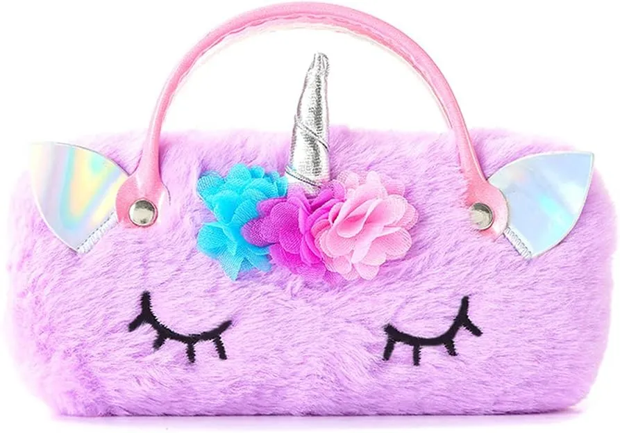 Kids Girls Boys Fluffy Faux Fur Unicorn Eyeglass Case Plush Eyewear Glasses Case Hard Shell with Handle