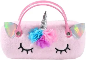 Kids Girls Boys Fluffy Faux Fur Unicorn Eyeglass Case Plush Eyewear Glasses Case Hard Shell with Handle