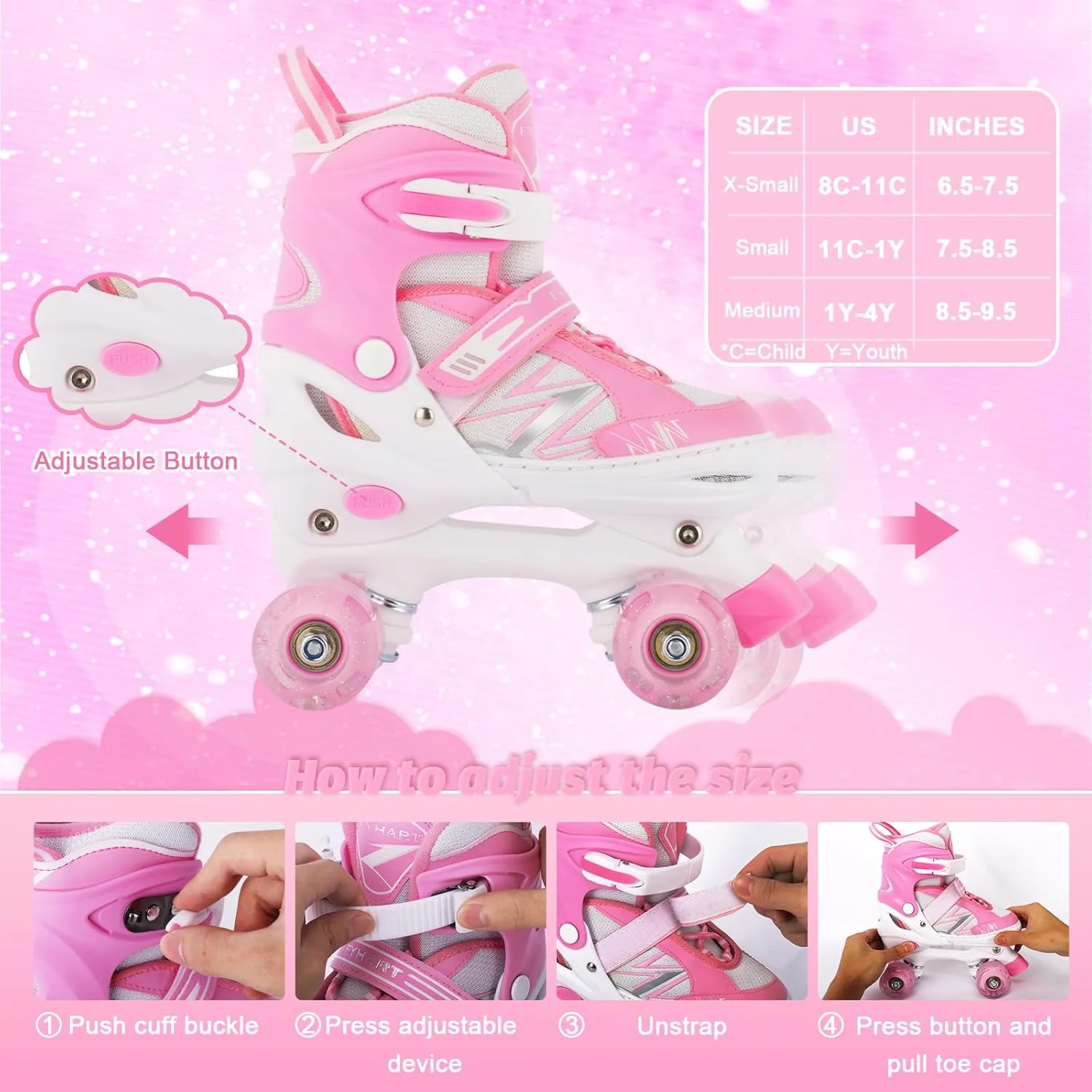 Kids Roller Skates for Boys Girls Kids Toddler Beginners, Adjustable 4 Sizes Quad Boys Roller Skates with All Light Up Wheels for Indoor Outdoor Sports