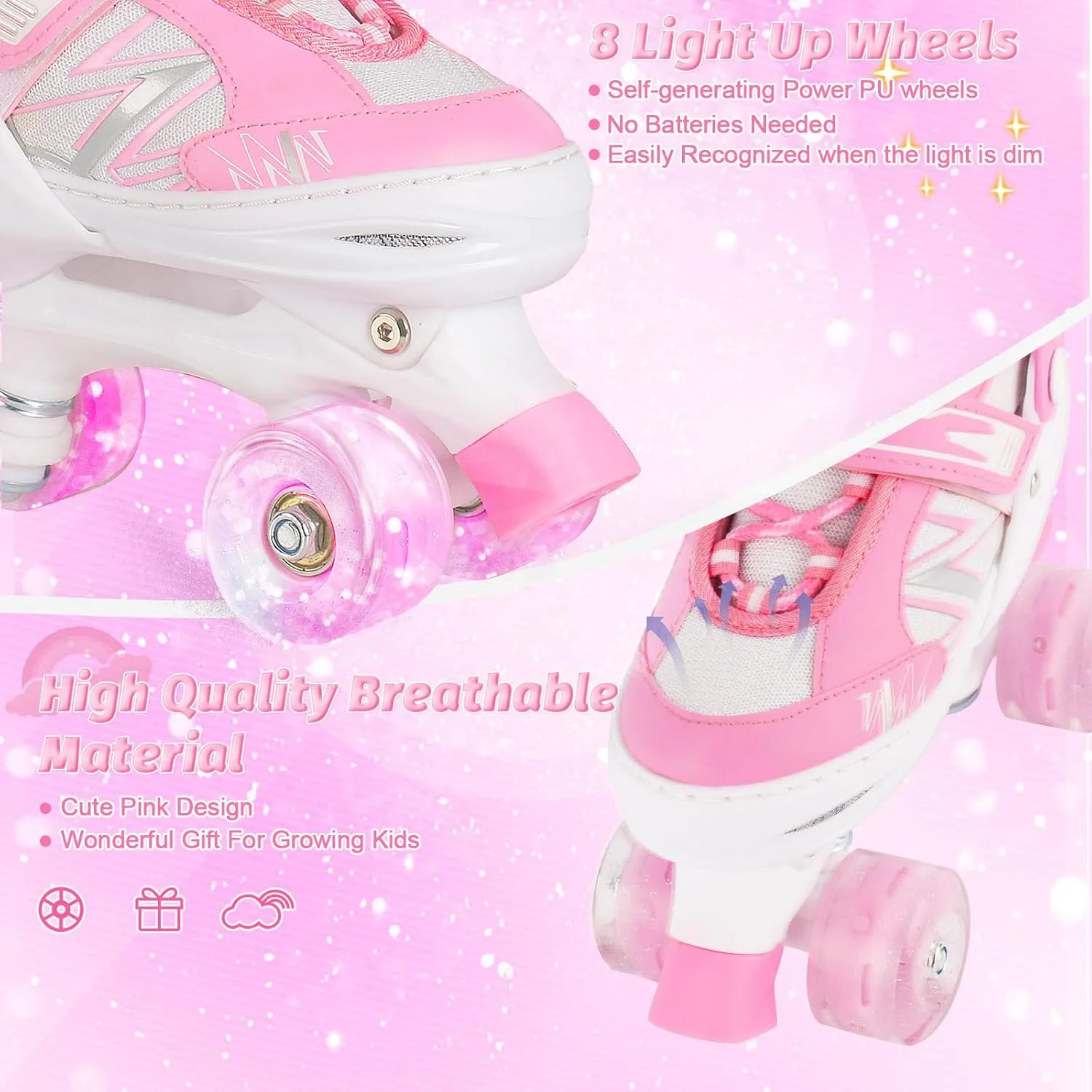 Kids Roller Skates for Boys Girls Kids Toddler Beginners, Adjustable 4 Sizes Quad Boys Roller Skates with All Light Up Wheels for Indoor Outdoor Sports