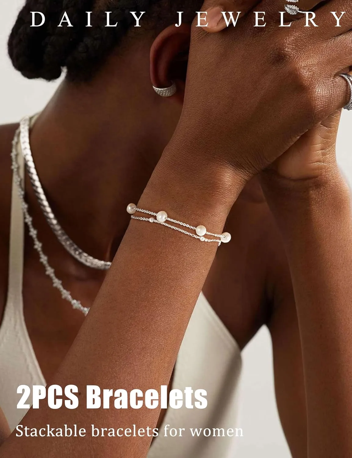 KOHOTA Silver Gold Bracelets for Women Trendy 14K Gold Plated Bracelet for Women Non Tarnish Dainty Stackable Layered Chain Heart Pearl Knot Beaded Bracelets Stack Set Charm Mothers Day Jewelry Gifts