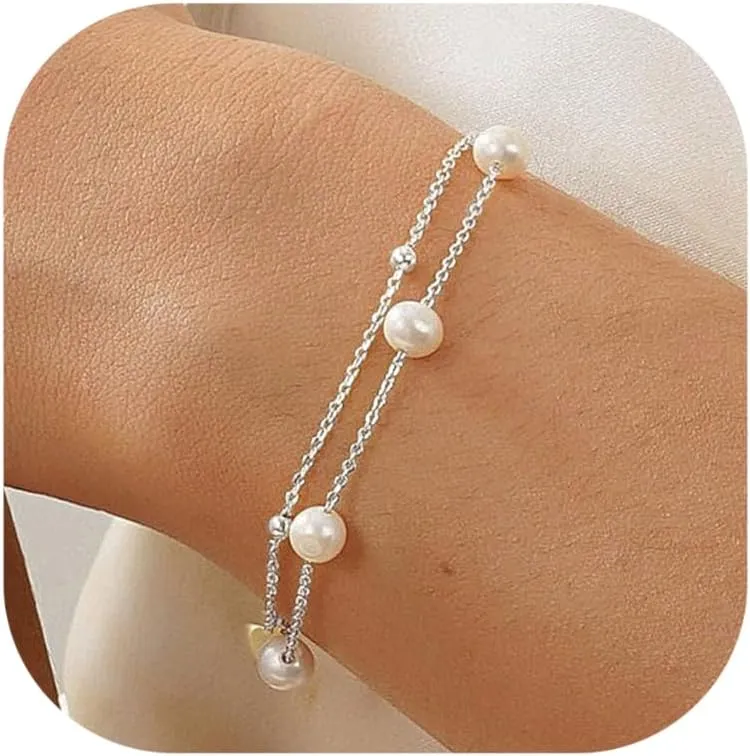 KOHOTA Silver Gold Bracelets for Women Trendy 14K Gold Plated Bracelet for Women Non Tarnish Dainty Stackable Layered Chain Heart Pearl Knot Beaded Bracelets Stack Set Charm Mothers Day Jewelry Gifts