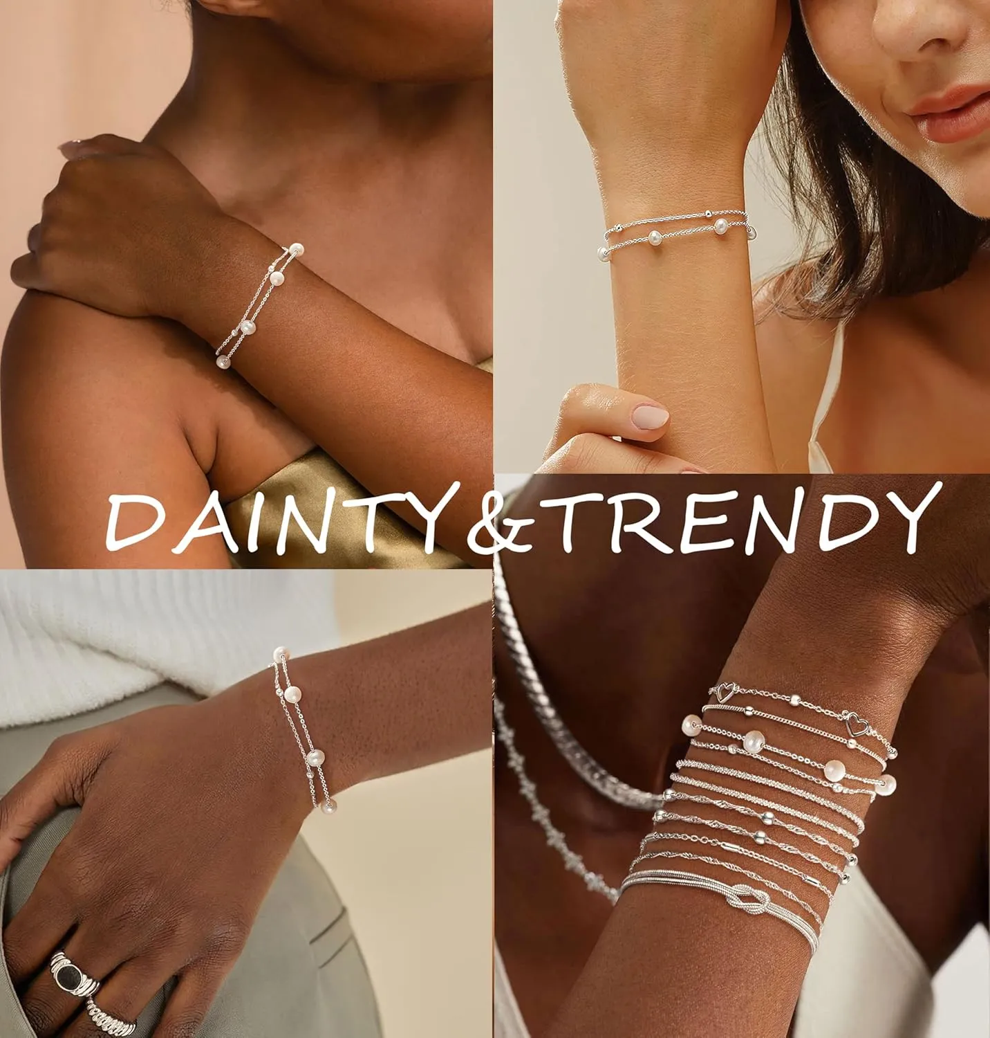 KOHOTA Silver Gold Bracelets for Women Trendy 14K Gold Plated Bracelet for Women Non Tarnish Dainty Stackable Layered Chain Heart Pearl Knot Beaded Bracelets Stack Set Charm Mothers Day Jewelry Gifts