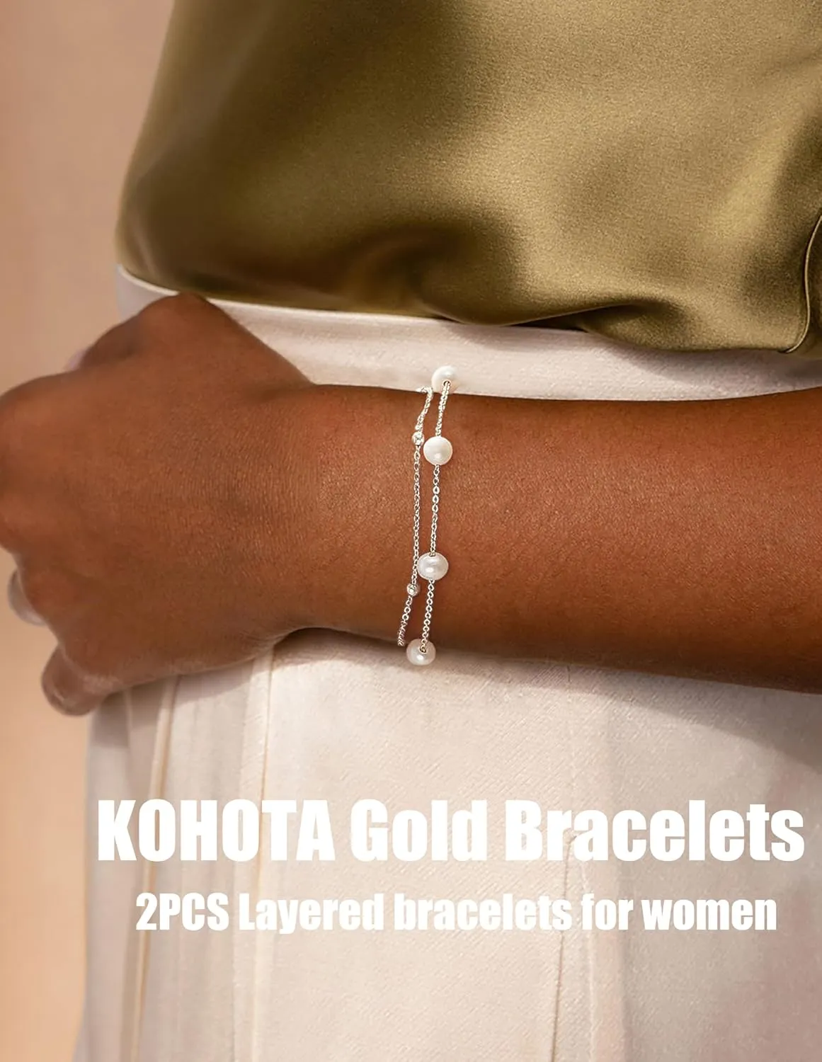 KOHOTA Silver Gold Bracelets for Women Trendy 14K Gold Plated Bracelet for Women Non Tarnish Dainty Stackable Layered Chain Heart Pearl Knot Beaded Bracelets Stack Set Charm Mothers Day Jewelry Gifts