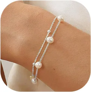 KOHOTA Silver Gold Bracelets for Women Trendy 14K Gold Plated Bracelet for Women Non Tarnish Dainty Stackable Layered Chain Heart Pearl Knot Beaded Bracelets Stack Set Charm Mothers Day Jewelry Gifts