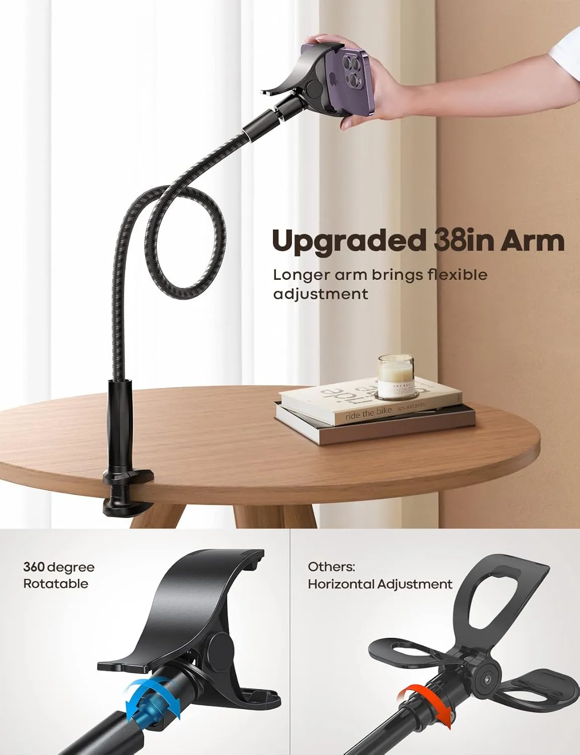 Lamicall Gooseneck Phone Holder Bed - [Nylon Braided] Flexible Arm, 38inch Overall Length, 360 Adjustable Clamp Clip, Overhead Cell Phone Mount Stand for Bed, Desk, 4-7 Cellphone