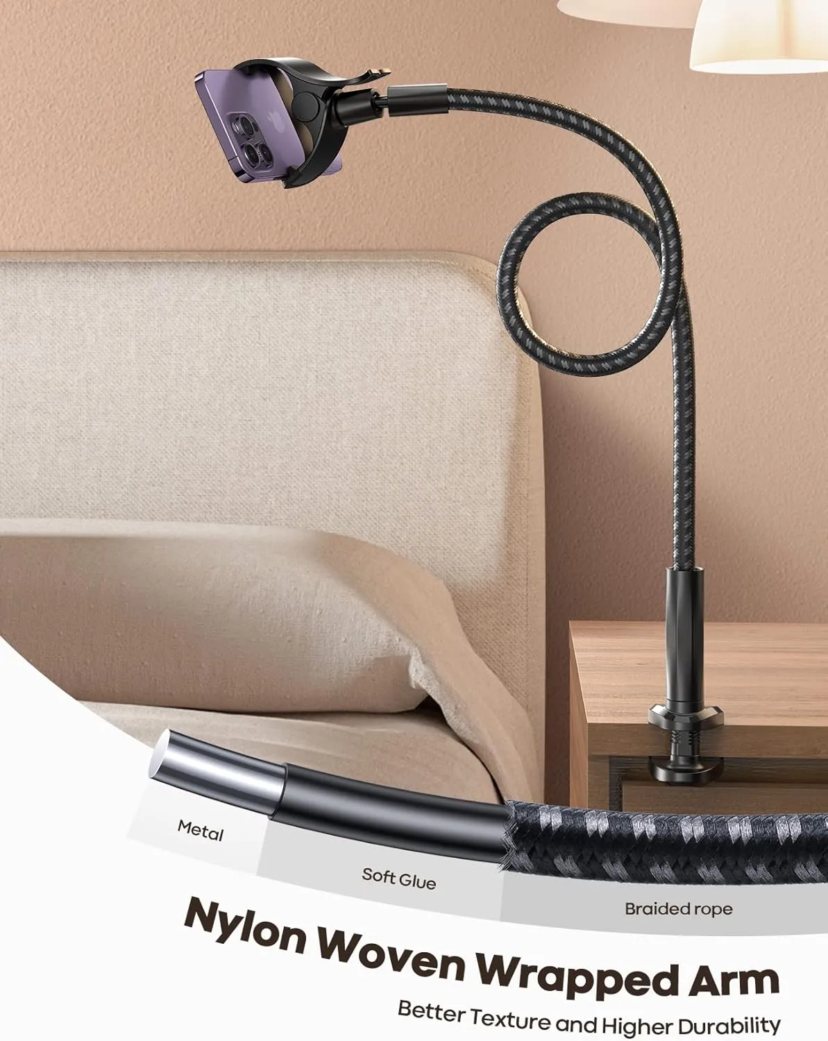 Lamicall Gooseneck Phone Holder Bed - [Nylon Braided] Flexible Arm, 38inch Overall Length, 360 Adjustable Clamp Clip, Overhead Cell Phone Mount Stand for Bed, Desk, 4-7 Cellphone