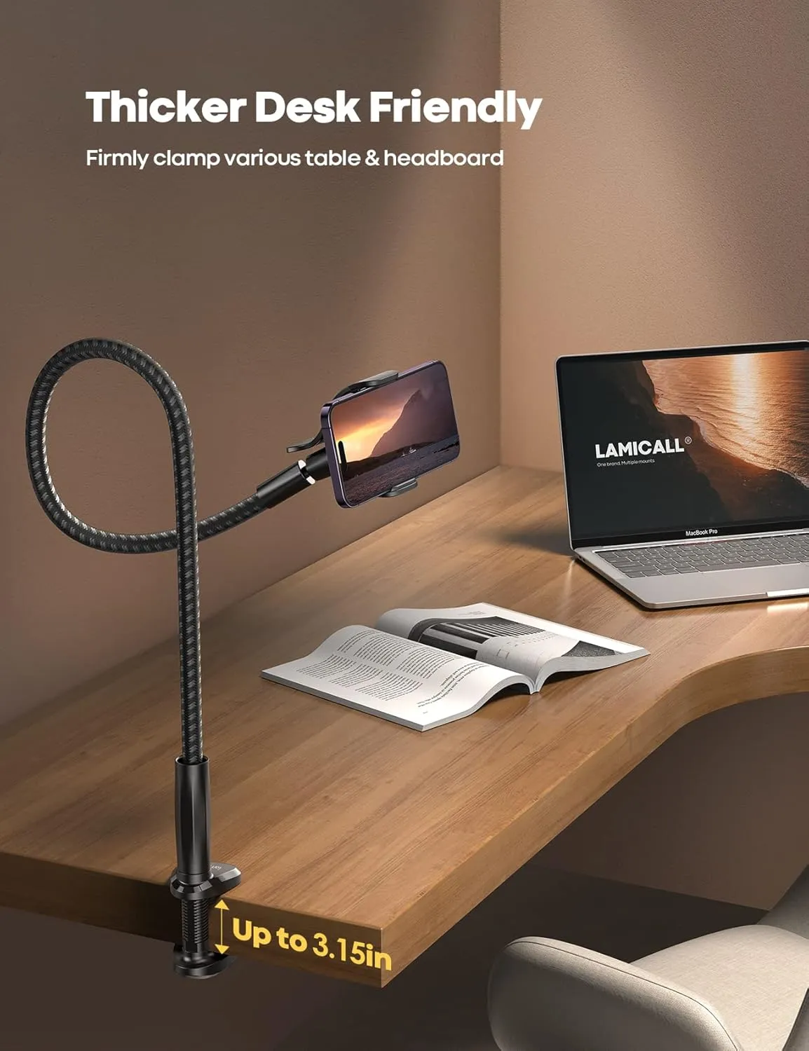 Lamicall Gooseneck Phone Holder Bed - [Nylon Braided] Flexible Arm, 38inch Overall Length, 360 Adjustable Clamp Clip, Overhead Cell Phone Mount Stand for Bed, Desk, 4-7 Cellphone