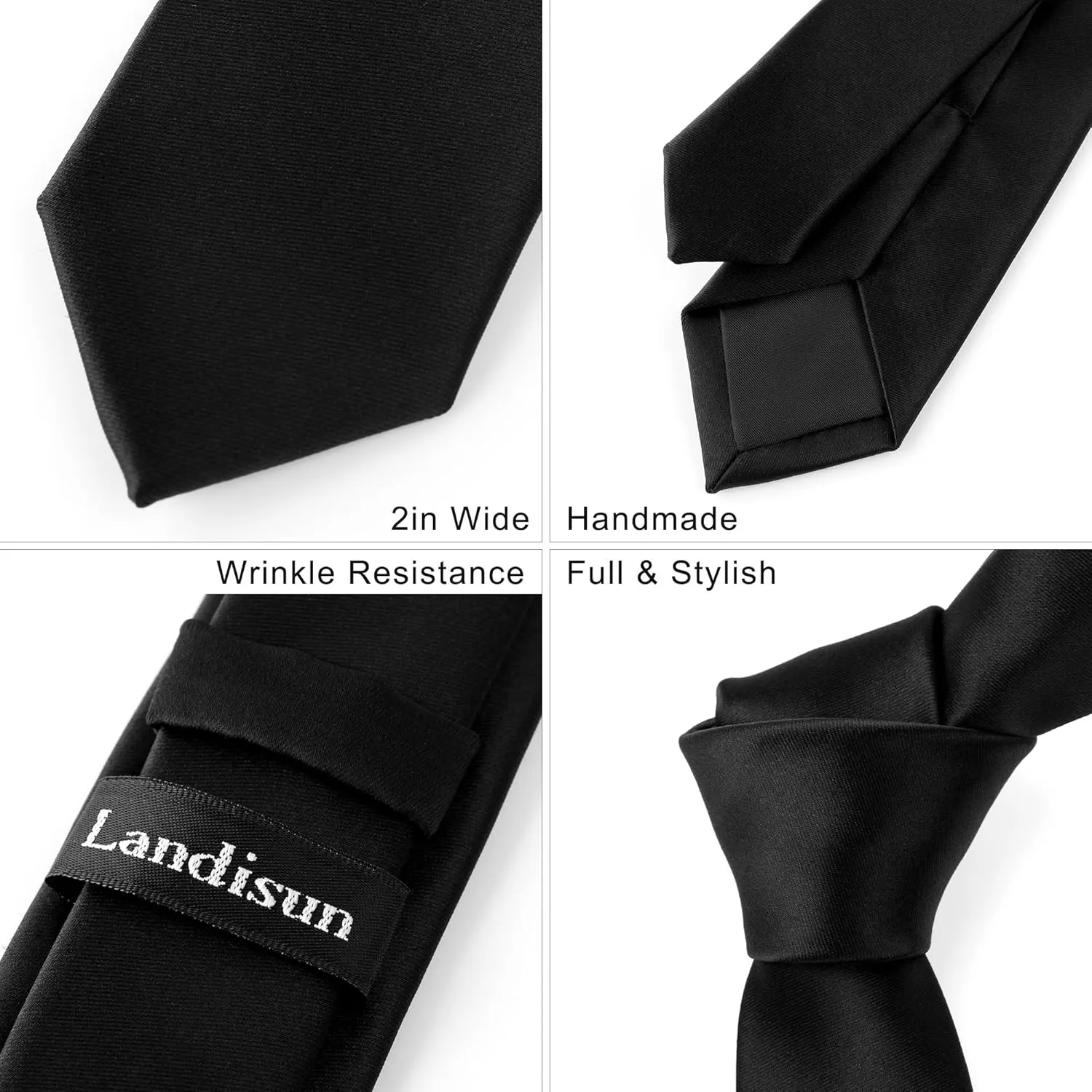Landisun Black Tie Men Women Solid Skinny Ties Slim Ties Satin Tie