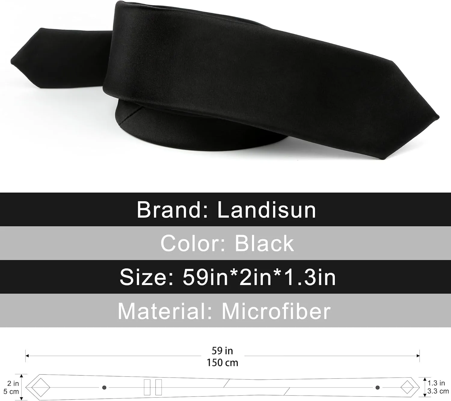 Landisun Black Tie Men Women Solid Skinny Ties Slim Ties Satin Tie