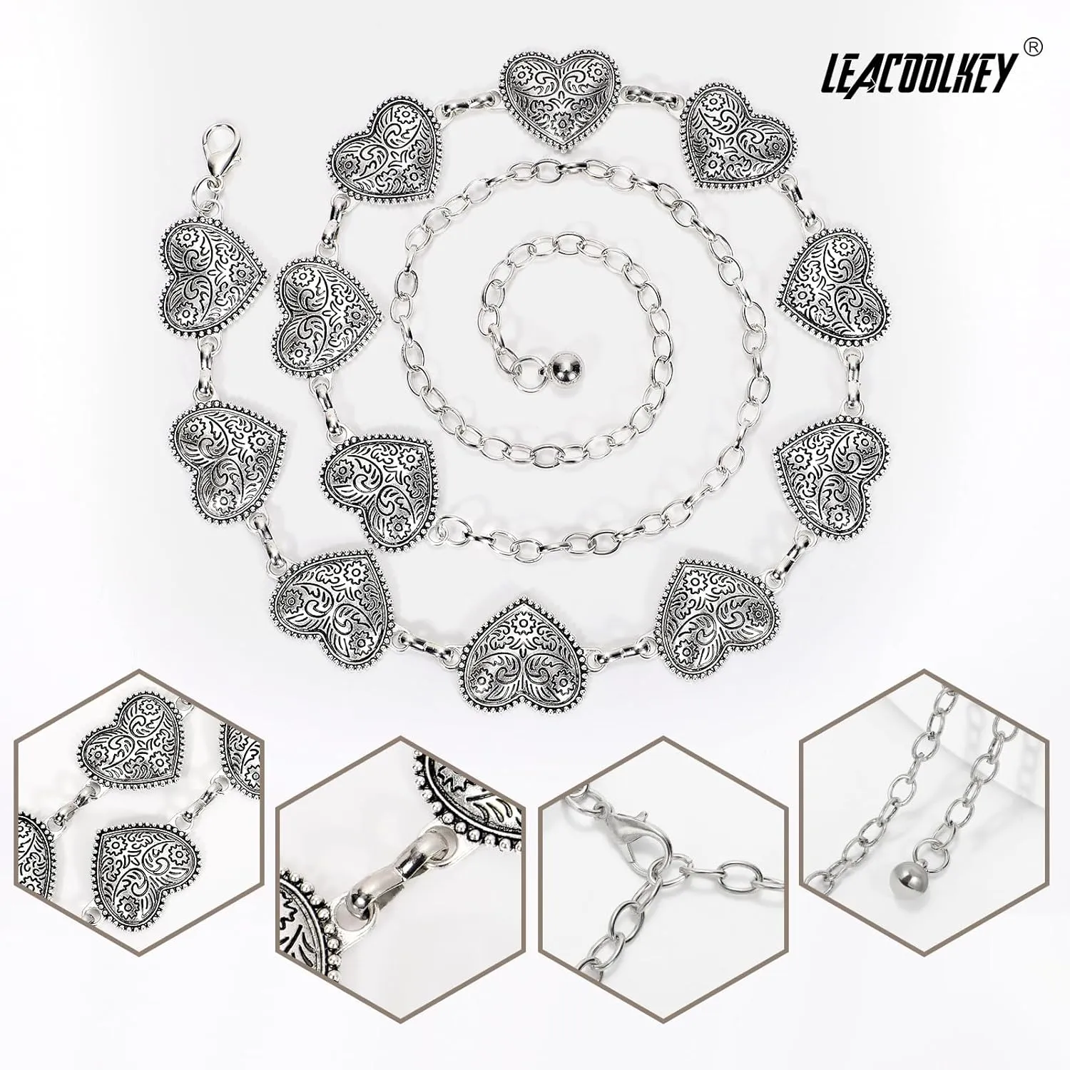 LEACOOLKEY Western Metal Concho Belt for Women Cowgirl Boho Waist Chain Belt for Dresses Jeans Pants