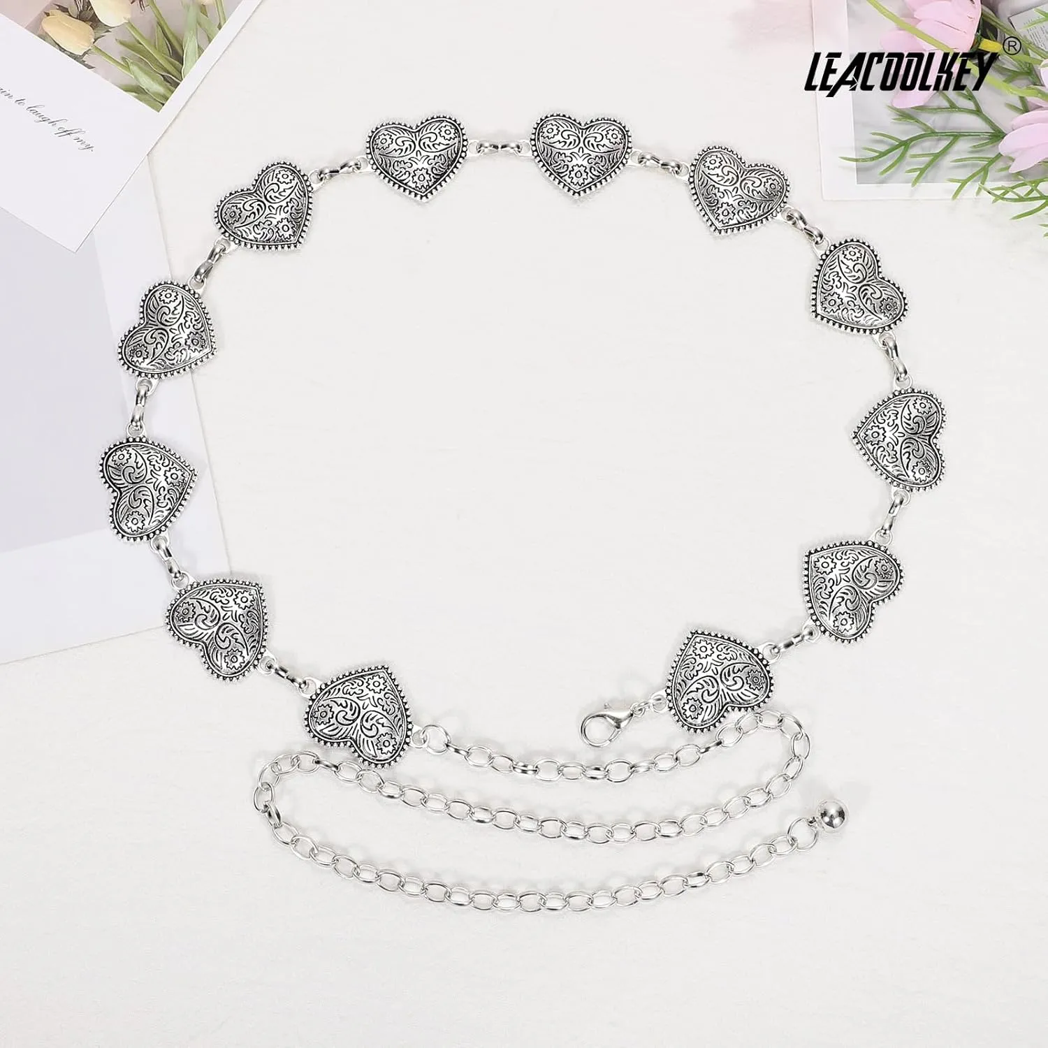 LEACOOLKEY Western Metal Concho Belt for Women Cowgirl Boho Waist Chain Belt for Dresses Jeans Pants