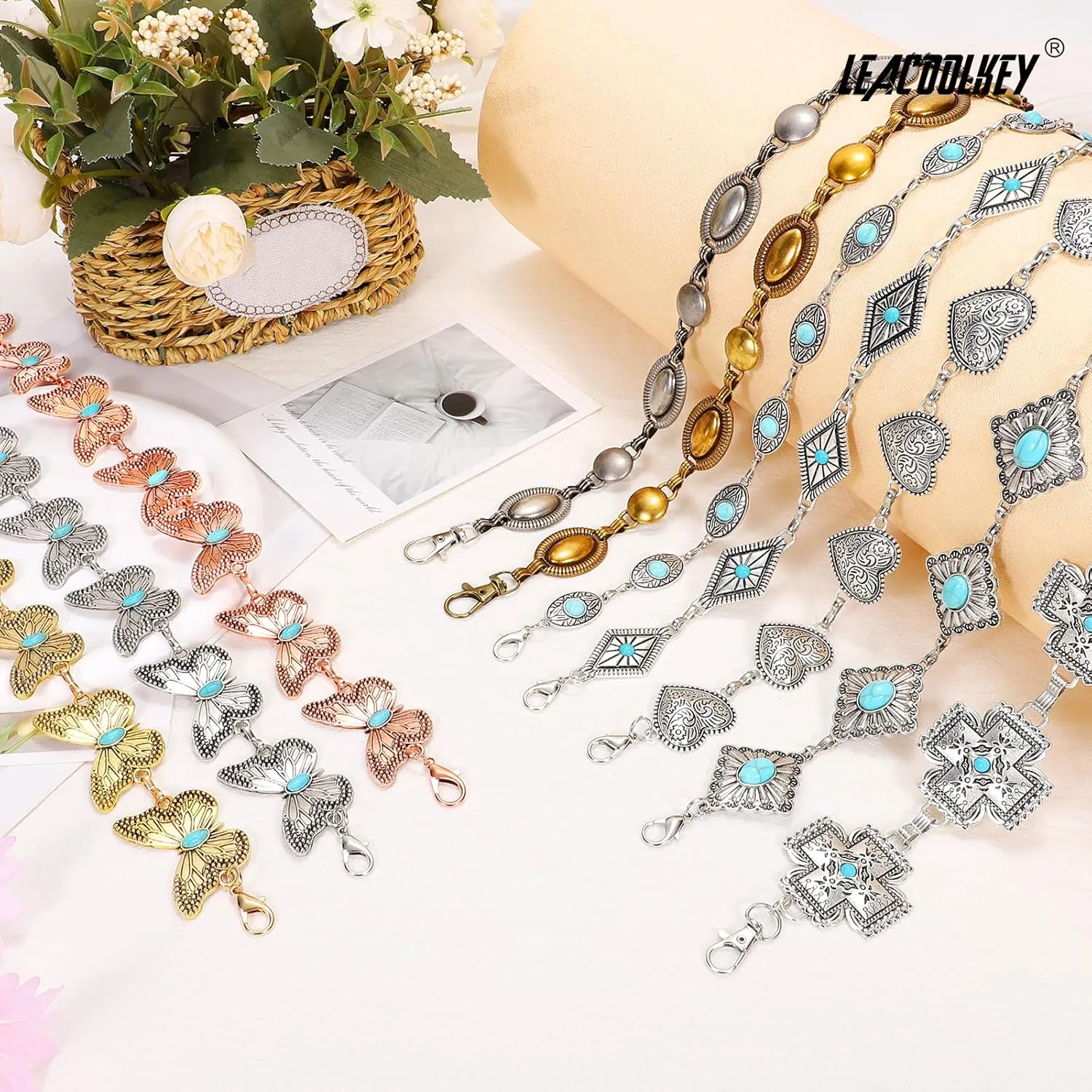 LEACOOLKEY Western Metal Concho Belt for Women Cowgirl Boho Waist Chain Belt for Dresses Jeans Pants