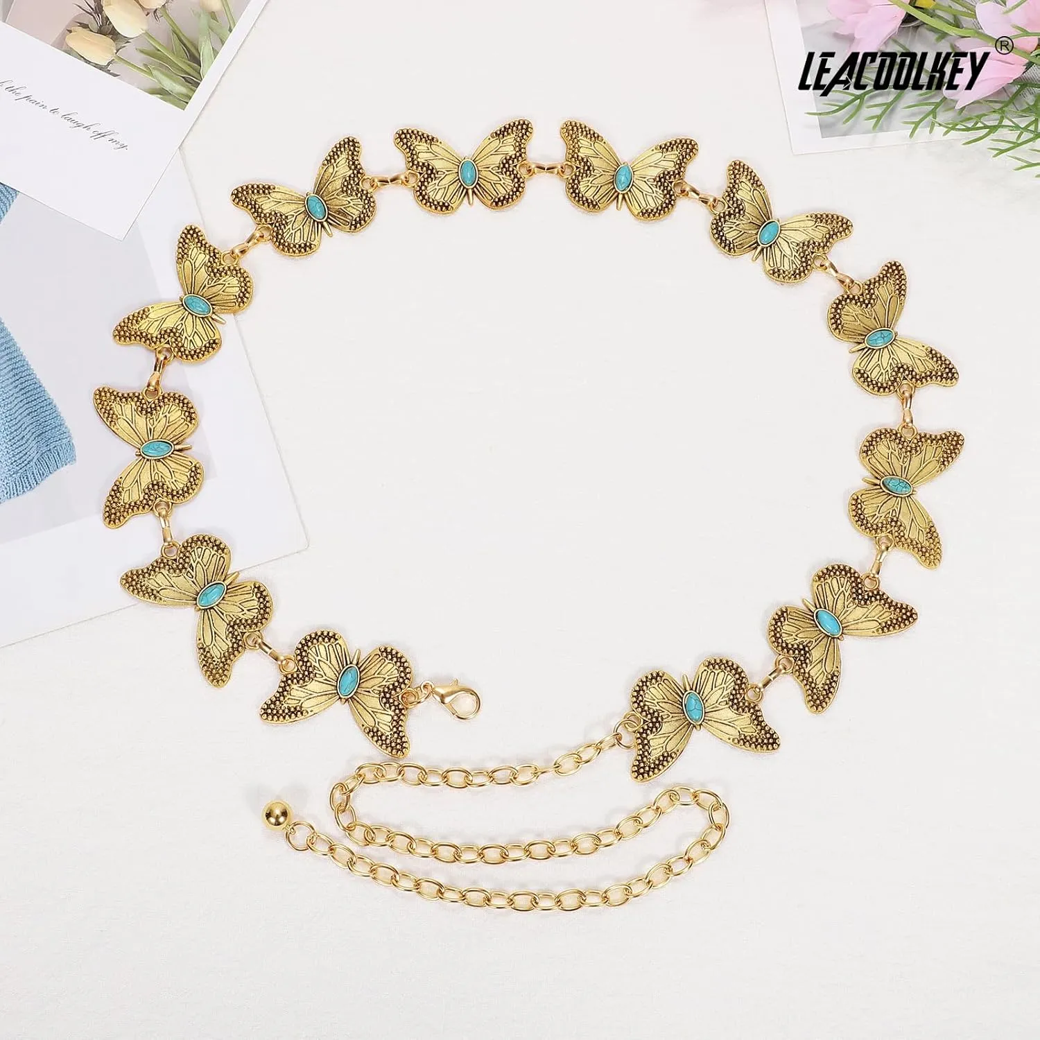 LEACOOLKEY Western Metal Concho Belt for Women Cowgirl Boho Waist Chain Belt for Dresses Jeans Pants