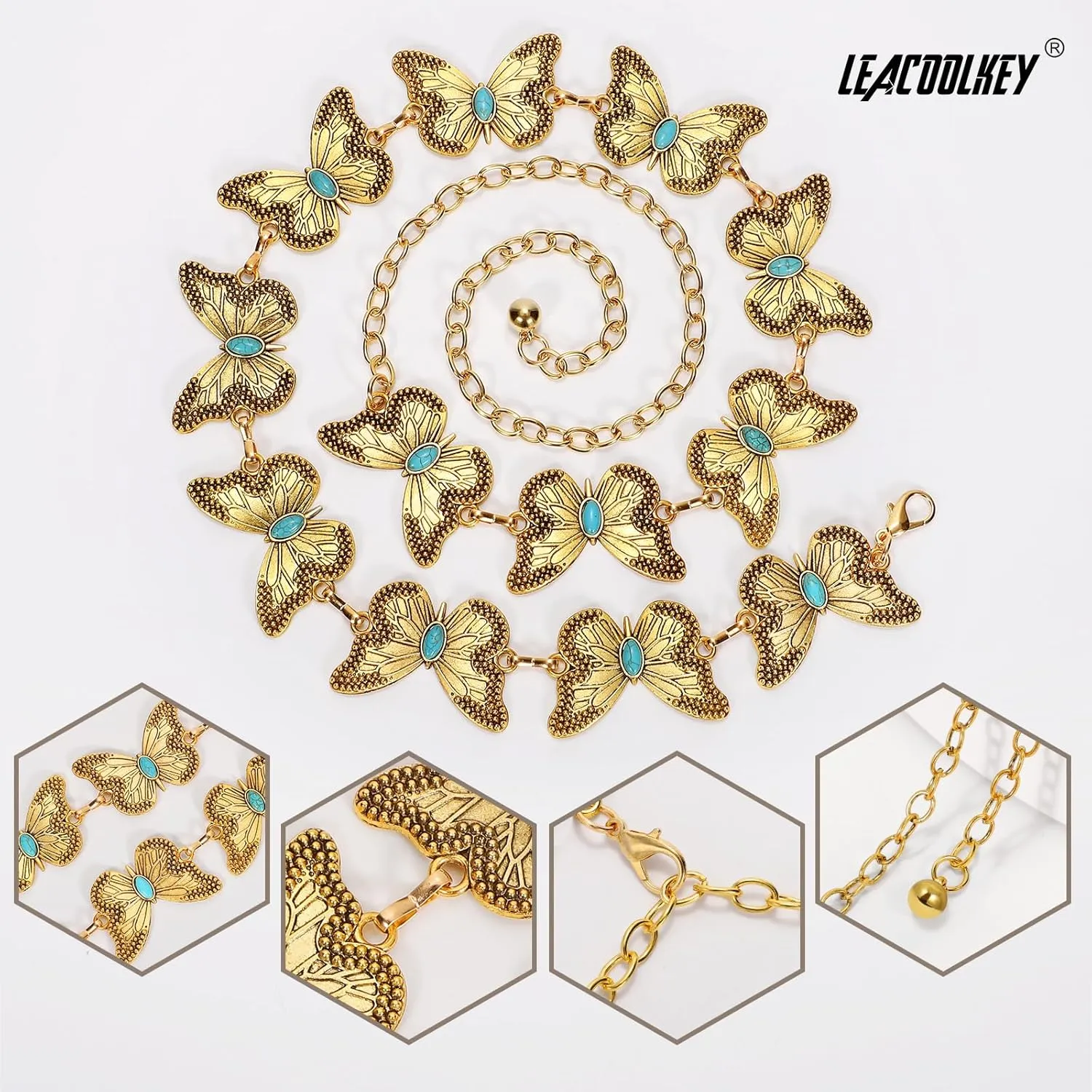 LEACOOLKEY Western Metal Concho Belt for Women Cowgirl Boho Waist Chain Belt for Dresses Jeans Pants