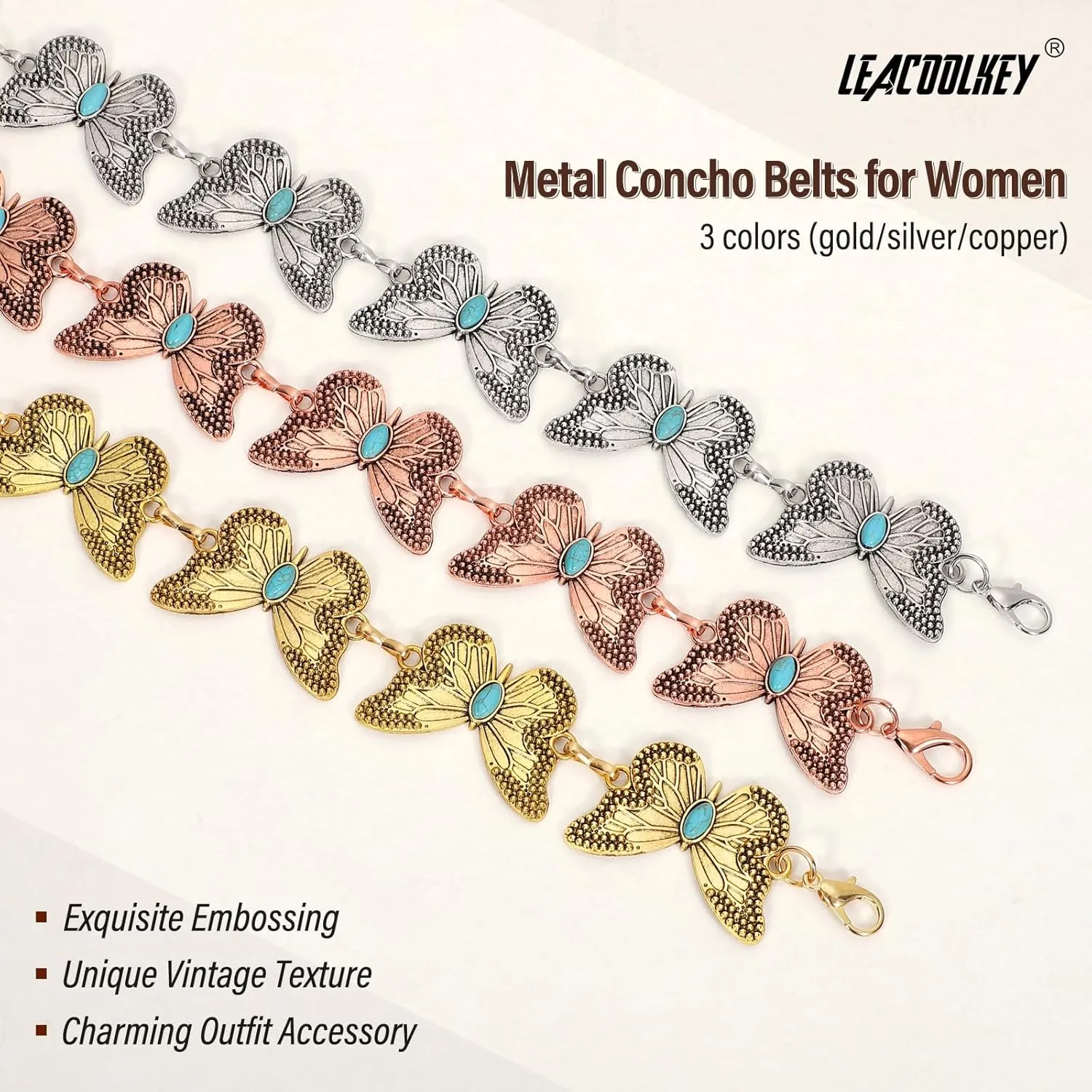 LEACOOLKEY Western Metal Concho Belt for Women Cowgirl Boho Waist Chain Belt for Dresses Jeans Pants