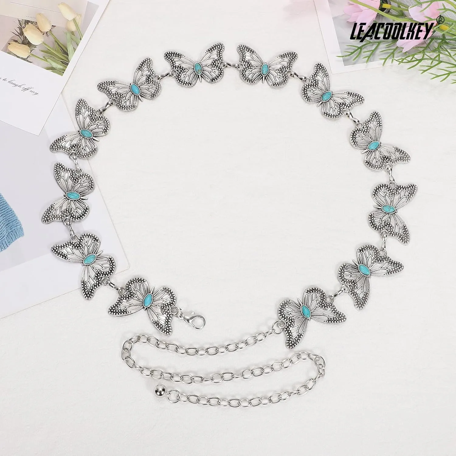 LEACOOLKEY Western Metal Concho Belt for Women Cowgirl Boho Waist Chain Belt for Dresses Jeans Pants