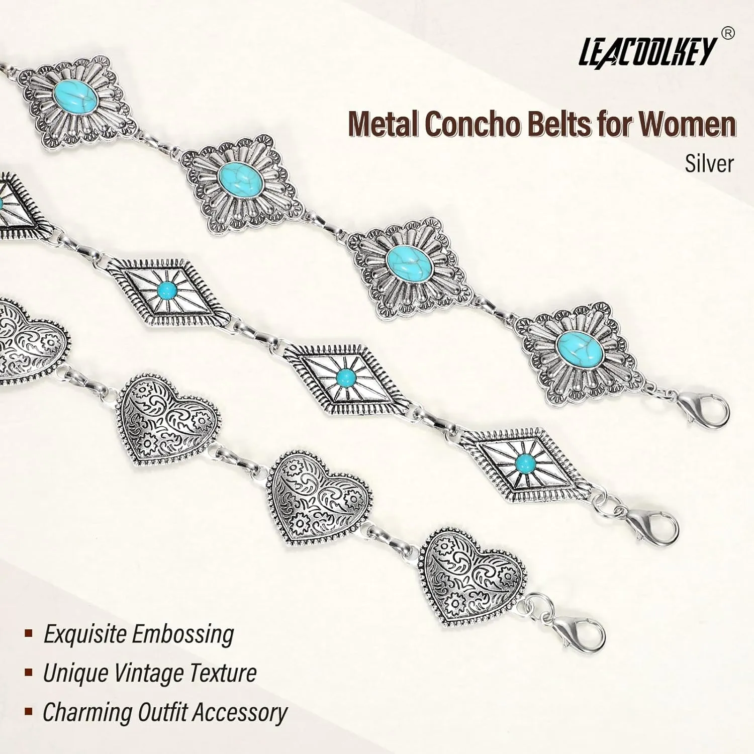 LEACOOLKEY Western Metal Concho Belt for Women Cowgirl Boho Waist Chain Belt for Dresses Jeans Pants