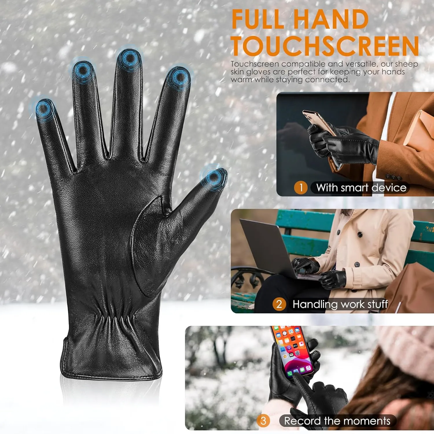 Leather Gloves for Women Genuine Lambskin, Womens Gloves Warm Wool Lined, Winter Gloves Touchscreen Texting Driving