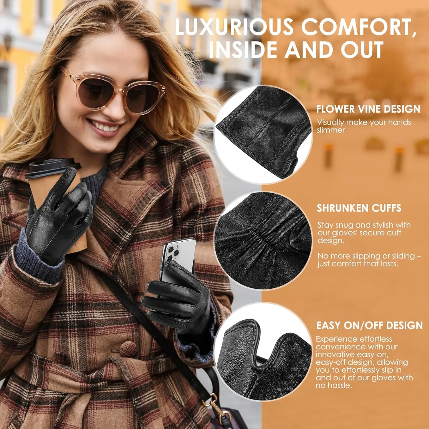 Leather Gloves for Women Genuine Lambskin, Womens Gloves Warm Wool Lined, Winter Gloves Touchscreen Texting Driving