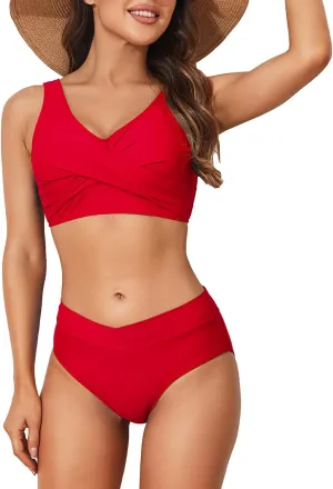 Limeeke Women's High Waisted Bikini Set Twist Front Two Piece Swimsuit Lace Up Tie Back Bathing Suits