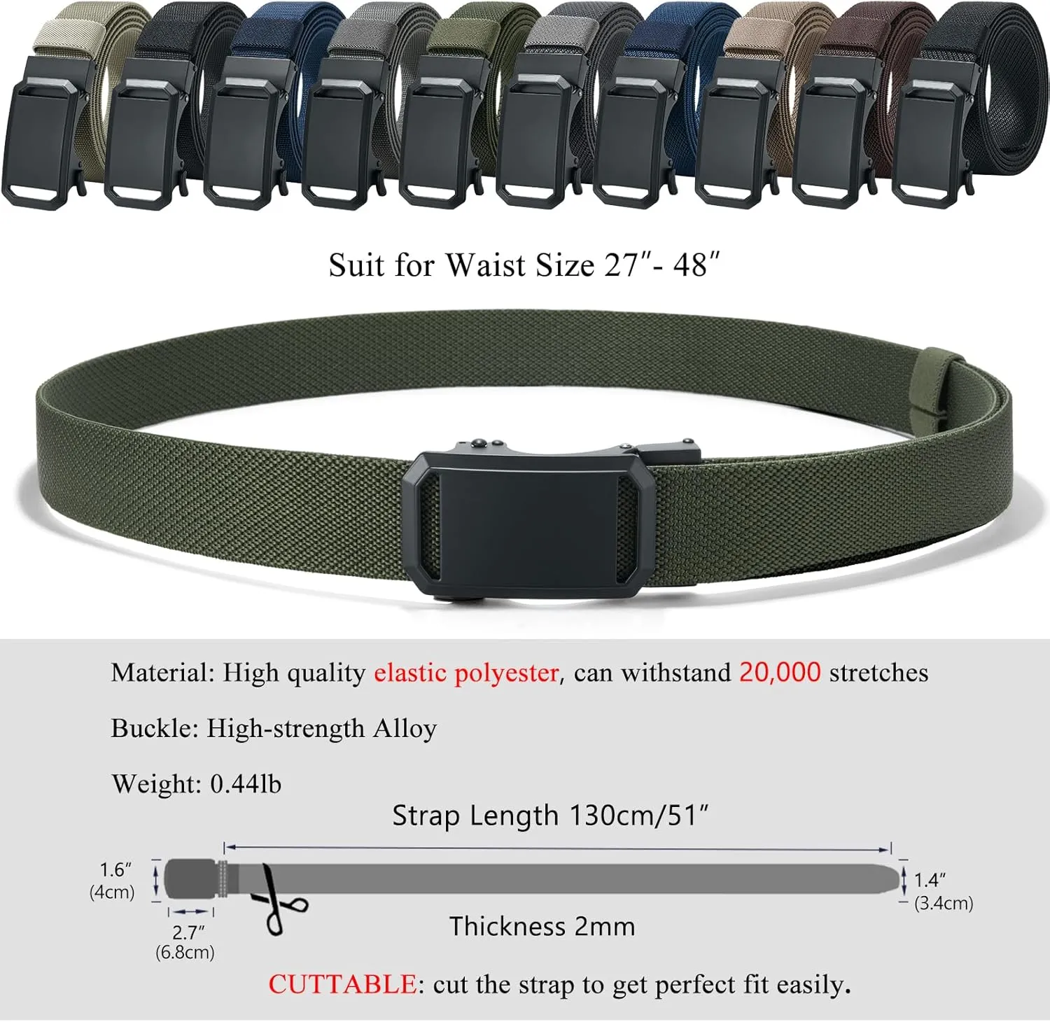 LionVII Ratchet Elastic Stretch Belts, 1 3/8" Belt for Men with Automatic Buckle for Men, Adjustable Trim to Fit 27-49" Waist