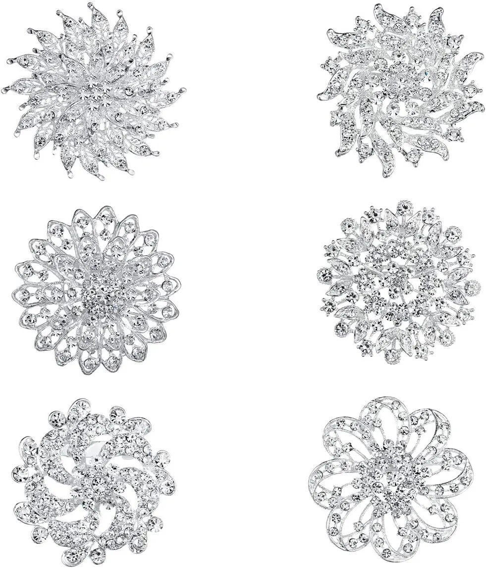Lot 6pcs Crystal Rhinestones Flower Brooch Pin Set for DIY Wedding Bouquets Decoration