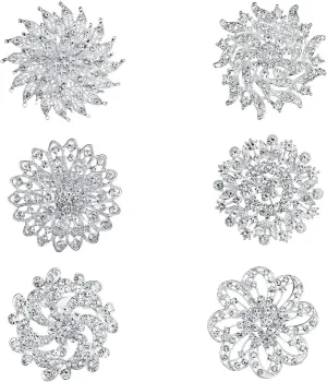 Lot 6pcs Crystal Rhinestones Flower Brooch Pin Set for DIY Wedding Bouquets Decoration